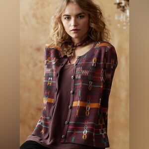 Peruvian Connection Maroon Geometric 100% Pima Cotton Button Down Cardigan